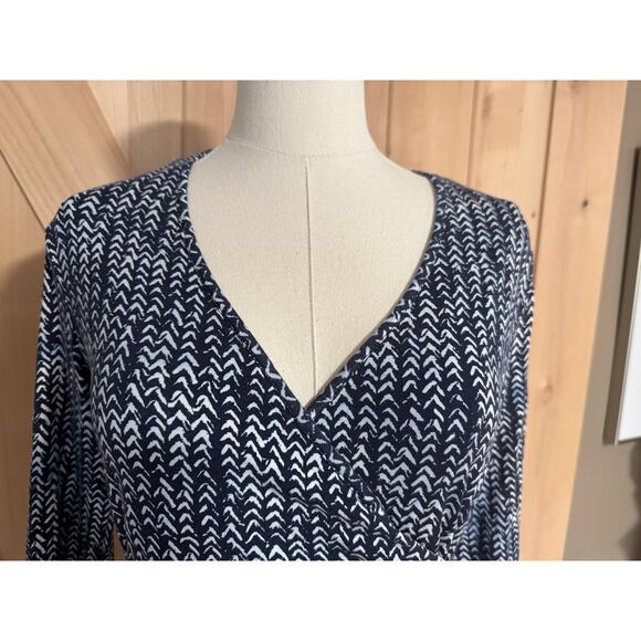 Garnet Hill | Brianna Surplice Knit Dress Navy Print Long Sleeve Midi | Size M - Picture 8 of 14